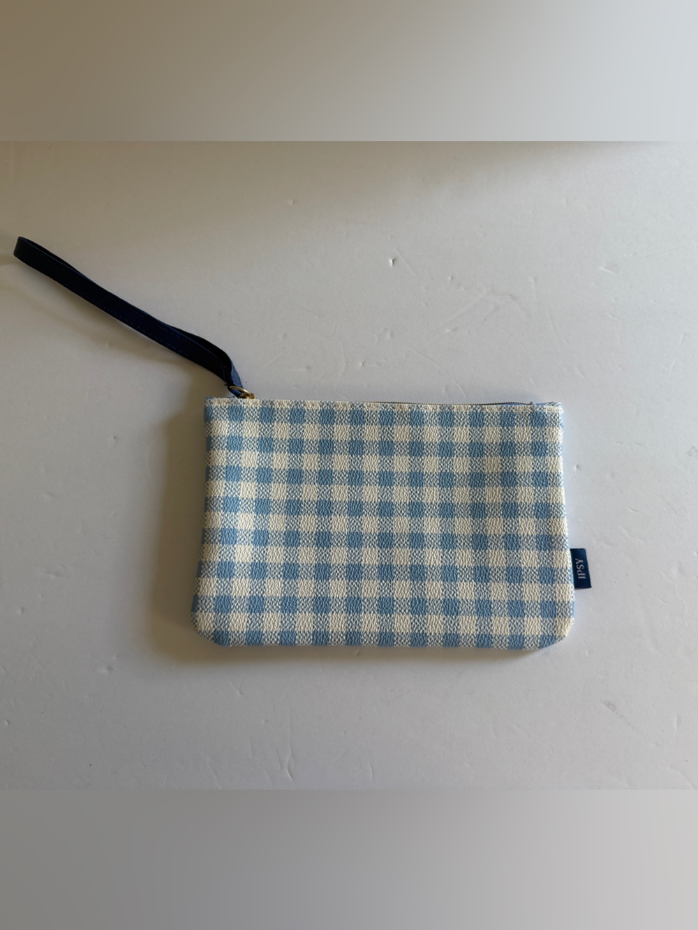 IPSY Blue and Cream Gingham Wristlet Pouch